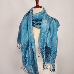 Pashmina Scarf Shawl Wrap Hijab Fringe Paisley Blue Lightweight Boho India 72x27
